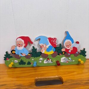 VTG Grossman Winkl Gnomes Mushrooms Kids Wooden Coat Hat Rack Room Decor Germany